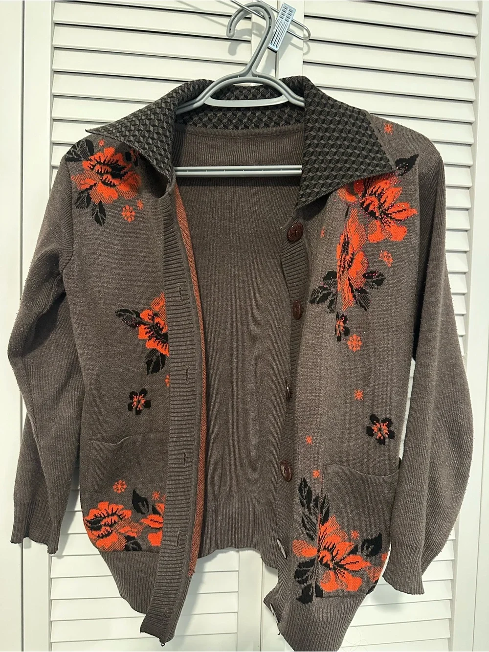 Brown Button-Up Cardigan with Orange Floral Accent